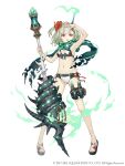  1girl :o bikini bow breasts flower full_body green_hair hair_flower hair_ornament highres horns ji_no little_match_girl_(sinoalice) looking_at_viewer mace navel official_art red_eyes sandals scarf single_horn sinoalice small_breasts solo square_enix swimsuit thigh_strap weapon white_background 