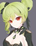  1girl ai-chan_(honkai_impact) black_bow black_dress bow breasts cleavage closed_mouth discipline_enforcer_a1 double_bun dress green_hair grey_background hair_bow hair_bun honkai_(series) honkai_impact_3rd medium_breasts potato_258 red_eyes simple_background smile solo upper_body 