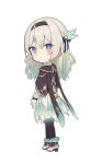  1girl black_hairband blush bow chibi chibi_only firefly_(honkai:_star_rail) full_body grey_hair hair_between_eyes hair_bow hair_intakes hair_ribbon hairband honkai:_star_rail honkai_(series) jacket limnn0212 long_hair long_sleeves looking_at_viewer neckerchief ribbon simple_background solo white_background 