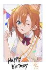 1girl blue_eyes border bow bowtie cake cake_slice collared_shirt commentary_request dated food fork hair_between_eyes happy_birthday hat holding holding_food holding_fork holding_plate kiruto_(artar_12) kosaka_honoka looking_at_viewer love_live! love_live!_school_idol_project medium_hair one_eye_closed one_side_up open_mouth orange_hair otonokizaka_school_uniform party_hat plate red_bow red_bowtie school_uniform shirt short_sleeves sidelocks solo striped_bow striped_bowtie striped_clothes summer_uniform upper_body vest white_shirt yellow_vest 