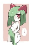  ... bags_under_eyes colored_skin green_hair hair_over_one_eye heart highres horns ino_(tellu0120) kirlia looking_at_viewer multicolored_skin pink_background pink_eyes pokemon pokemon_(creature) pregnant sidelocks simple_background two-tone_skin white_skin 