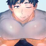  1boy black_hair blue_background blush closed_mouth covered_nipples cyak061 grabbing large_pectorals leaning_forward light_smile male_focus mole mole_on_cheek one_eye_closed original palms pectoral_grab pectoral_press pectorals pink_eyes pov pov_hands short_hair shy simple_background 