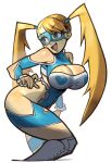  1girl :d bare_shoulders blonde_hair blue_eyes blue_leotard breasts cleavage cleavage_cutout clothing_cutout eduedude english_commentary heart highres large_breasts leotard long_hair looking_to_the_side lower_teeth_only open_mouth rainbow_mika shoulder_cutout side_cutout smile street_fighter teeth twintails white_background wrestling_mask wrestling_outfit 