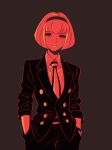  1girl black_eyes black_hairband black_jacket blunt_ends bob_cut expressionless french_commentary hairband highres jacket lips megadeus_mommy necktie pale_skin r_dorothy_wayneright red_hair red_light shirt short_hair solo suit the_big_o watch white_shirt 