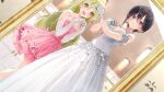  2girls bangs black_hair blonde_hair blue_eyes dress dsmile elbow_gloves eyebrows_visible_through_hair furutachi_ren gloves hayahoshi_akuru highres long_dress long_hair mirror multiple_girls official_art oshi_no_love_yori_koi_no_love photoshop_(medium) pink_dress reflection short_dress short_hair strapless strapless_dress thighhighs white_dress white_gloves yellow_eyes 