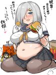  1girl bag black_skirt blue_eyes blush breasts brown_pantyhose burger chips_(food) eating fat food food_on_face fubuki_(kancolle) gloves grey_hair hair_ornament hair_over_one_eye hairclip hamakaze_(kancolle) heart highres holding holding_food kantai_collection kokutou_nikke large_breasts looking_at_viewer mcdonald&#039;s midriff neckerchief open_mouth pantyhose paper_bag pleated_skirt plump potato_chips sailor_collar school_uniform serafuku short_hair short_sleeves simple_background sitting skirt stomach translation_request white_background white_gloves yellow_neckerchief 