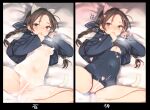  1girl animal_ear_fluff animal_ears blue_one-piece_swimsuit blue_serafuku blue_shirt blush braid brave_witches breasts brown_eyes brown_hair cat_ears cat_girl cat_tail censored clothes_lift covered_navel crotch_cutout enema freckles hands_up heart heart-shaped_pupils long_hair long_sleeves looking_at_viewer low_twin_braids lying misumi_miya navel on_back on_bed one-piece_swimsuit parted_bangs sailor_collar school_swimsuit school_uniform serafuku shimada_fumikane shirt shirt_lift spread_legs sweat swimsuit swimsuit_under_clothes symbol-shaped_pupils tail thighs twin_braids world_witches_series 