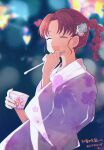  1girl blurry blurry_background closed_eyes cup earrings egashira_mika facing_ahead floral_print flower hair_flower hair_ornament hands_up happy holding holding_cup holding_spoon ice_cream_cup japanese_clothes jewelry kimono laughing long_sleeves multi-tied_hair open_mouth parted_bangs pechevail print_kimono purple_kimono red_hair side_ponytail skip_to_loafer solo spoon spoon_straw upper_body yukata 