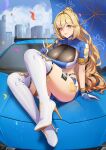  1girl 678749155 :d bianka_durandal_ataegina black_panties blonde_hair blue_eyes blue_gloves blue_shirt blue_shorts blue_sky boots bra breasts brown_bra car city cleavage cleavage_cutout clothing_cutout cloud cloudy_sky confetti gloves grin high_heel_boots high_heels highleg highleg_panties holding holding_umbrella honkai_(series) honkai_impact_3rd large_breasts lipstick long_hair makeup motor_vehicle outdoors panties ponytail race_queen race_vehicle racecar shirt short_shorts short_sleeves shorts sitting sky smile solo teeth thigh_boots umbrella underwear v very_long_hair wavy_hair white_footwear 