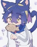  1boy animal_ears arrow_(symbol) black_hair blush cat_boy cat_ears cat_tail collared_shirt commentary_request food hair_between_eyes hairband hand_up highres jacket kieran_(pokemon) long_sleeves male_focus mouth_hold necktie nekojiri paw_pose pokemon pokemon_sv red_necktie shirt solo tail taiyaki translation_request wagashi white_background white_jacket yellow_eyes yellow_hairband 