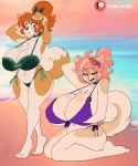 accessory anthro beach big_breasts bikini breasts brown_body brown_fur brown_hair canid canine canis cleavage clothed clothing collar daughter_(lore) domestic_dog duo female female/female flower flower_in_hair fur green_eyes hair hair_accessory hair_ribbon hands_behind_head hi_res huge_breasts kibbles_(uberquest) looking_at_another looking_down mammal mature_female mole_on_breast mother_(lore) mother_and_child_(lore) mother_and_daughter_(lore) nipple_outline open_mouth ophelia_aradelle_(uberquest) parent_(lore) parent_and_child_(lore) parent_and_daughter_(lore) pink_hair plant ponytail ribbons short_tail skidd slightly_chubby standing swimwear tail text uberquest url