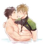  2boys abs black_hair black_shirt blue_eyes blush brown_eyes brown_hair closed_eyes clothes_lift couple free! french_kiss green_shirt hands_on_another&#039;s_hips kiss looking_at_another male_focus multiple_boys namekaho nipples nude shirt shirt_lift short_hair simple_background tachibana_makoto toned toned_male tongue tongue_out two-tone_shirt upper_body water wet wet_clothes whistle white_background yamazaki_sousuke yaoi 