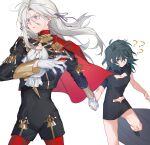  2girls ? ?? bare_arms black_dress black_jacket black_shorts blue_eyes blue_hair breasts bright_pupils byleth_(female)_(fire_emblem) byleth_(fire_emblem) cape cleavage cleavage_cutout closed_mouth clothing_cutout commentary dress edelgard_von_hresvelg fire_emblem fire_emblem:_three_houses gloves hair_ribbon hashtag-only_commentary highres holding_hands jacket long_hair medium_breasts molu_stranger multiple_girls pantyhose parted_lips purple_eyes purple_ribbon red_cape red_pantyhose ribbon shirt shorts simple_background white_background white_gloves white_hair white_pupils white_shirt 