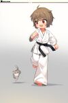  1boy :d absurdres ahoge artist_name barefoot belt black_belt brown_hair cat chinese_commentary clenched_hand commentary_request dougi fang full_body gradient_background grey_background grey_fur highres kuma-bound male_focus martial_arts_belt open_mouth original pants red_eyes running short_hair simple_background smile toes whiskers white_pants 