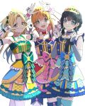  3girls :d absurdres aikatsu!_(series) aikatsu!_photo_on_stage!! aqua_bow aqua_eyes aqua_skirt arm_cuffs armpits arms_up black_hair blue_bow blue_choker blue_eyes blue_skirt boots bow bow_choker bow_earrings bow_skirt choker clenched_hands closed_mouth collarbone commentary cowboy_shot cropped_shirt crossed_bangs double_v double_w dress dress_bow earrings elbow_gloves frilled_dress frilled_gloves frilled_skirt frills fujiwaland gloves green_bow green_shirt grin hair_bow hands_up highres hinoshita_kaho jewelry light_blush link!_like!_love_live! long_hair love_live! low_twintails medium_hair multicolored_clothes multicolored_dress multicolored_shirt multicolored_skirt multiple_girls murano_sayaka off-shoulder_shirt off_shoulder open_mouth orange_hair osawa_rurino pantyhose pink_bow pink_choker pink_skirt purple_bow red_bow shirt sidelighting simple_background skirt smile teeth thigh_boots tiara twintails upper_teeth_only v v_over_eye virtual_youtuber w white_background white_gloves white_pantyhose yellow_shirt yellow_skirt 