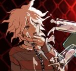  1boy ahoge bangs black_background bottle chain collar cum cum_in_bowl cum_in_container cum_on_clothes cum_on_hair danganronpa_(series) danganronpa_2:_goodbye_despair danganronpa_another_episode:_ultra_despair_girls english_commentary facial grey_eyes grey_hair hand_up komaeda_nagito licking male_focus messy_hair metal_collar open_mouth red_background shirt solo spilling striped striped_shirt tongue tongue_out upper_body yandr4hope 