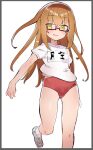  1girl blush border brown_hair buruma caburi glasses gym_shirt gym_uniform highres kantai_collection long_hair looking_at_viewer mochizuki_(kancolle) name_tag open_mouth red-framed_eyewear red_buruma semi-rimless_eyewear shirt shoes short_sleeves simple_background sneakers socks solo white_background white_shirt yellow_eyes 