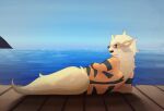 anthro arcanine canid generation_1_pokemon lavenderscent looking_at_viewer looking_back lying male mammal nintendo pokemon pokemon_(species) solo