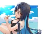  1girl auo123 bare_shoulders bikini black_bikini black_choker black_hair breasts choker cleavage cloud cloudy_sky day dripping eyebrows_visible_through_hair eyelashes eyes_visible_through_hair food hair_over_one_eye highres holding holding_food ice_cream licking long_eyelashes long_hair melting ocean origami_yukari outdoors popsicle red_eyes sitting sketch sky solo swimsuit toji_no_miko tongue tongue_out upper_teeth 