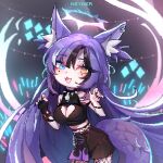  1girl animal_ear_fluff animal_ears artist_name awful_queen_(vtuber) black_nails breasts concert fox_ears fox_girl fox_tail halo heterochromia indie_virtual_youtuber looking_at_viewer mole mole_under_eye monster_girl nsywer purple_hair skirt tail 