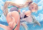  1girl animal ass bare_shoulders barefoot blonde_hair blue_eyes blue_sky blush breasts cameltoe cloud cloudy_sky competition_swimsuit day dolphin eyebrows_visible_through_hair fate/grand_order fate_(series) feet highres holding hoop huge_filesize hula_hoop jeanne_d&#039;arc_(fate)_(all) jeanne_d&#039;arc_(swimsuit_archer)_(fate) large_breasts lips long_hair looking_at_viewer obiwan ocean off_shoulder one-piece_swimsuit open_clothes open_shirt outdoors parted_lips ponytail shiny shiny_skin shirt sky sun sunlight swimsuit thighs tied_hair toes very_long_hair water water_drop white_swimsuit 
