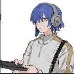  1girl asymmetrical_hair blue_hair bocchi_the_rock! closed_mouth hair_ornament hair_over_one_eye hairclip headphones mole mole_under_eye nininikal short_hair simple_background solo upper_body white_background yamada_ryo yellow_eyes zipper 