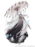  1girl asymmetrical_bangs bangs chinese_clothes choker floral_print flower full_body grey_eyes grey_hair hair_flower hair_ornament hanfu highres ji_no long_hair looking_at_viewer official_art parasol rose sinoalice snow_white_(sinoalice) snowflakes solo square_enix umbrella white_background wide_sleeves 