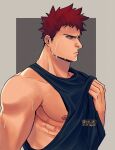  1boy bara bare_shoulders beard blue_eyes boku_no_hero_academia clothes_pull facial_hair highres large_pectorals looking_to_the_side male_focus muscular muscular_male nipples pectorals pulled_by_self red_hair scar scar_across_eye shirt shirt_cut_meme shirt_pull short_hair sideburns sidepec sleeveless sleeveless_shirt solo spiked_hair stringer sweat todoroki_enji viol_vrt younger 