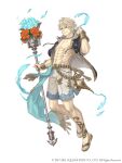  1boy abs ahoge aladdin_(sinoalice) blonde_hair blue_eyes bouquet bracer flower full_body highres holding holding_staff jewelry ji_no looking_at_viewer male_focus male_swimwear necklace official_art oil_lamp petals sandals shorts sinoalice smile solo square_enix staff sunglasses swim_trunks tattoo white_background 
