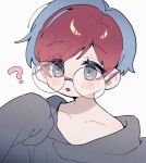  1girl :o ? blue_hair blush collarbone commentary_request eyelashes glasses grey_eyes hood hoodie multicolored_hair nekojiri open_mouth penny_(pokemon) pokemon pokemon_sv red_hair round_eyewear simple_background sleeves_past_fingers sleeves_past_wrists solo two-tone_hair upper_body 
