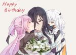  3girls ahoge auo123 beige_background black_choker black_hair blush bouquet brown_eyes character_request choker closed_eyes closed_mouth eyebrows_visible_through_hair flower hair_over_one_eye happy_birthday holding holding_bouquet hug long_hair looking_at_another multiple_girls origami_yukari pink_hair ponytail simple_background sleeves_rolled_up smile tagme toji_no_miko tsubakuro_yume white_flower white_hair yellow_eyes yuri 