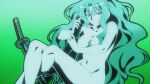  1girl anime_screenshot breasts closed_mouth completely_nude covering_breasts covering_privates crossed_legs feet_out_of_frame green_background hair_between_eyes highres holding holding_sheath katana large_breasts long_bangs long_hair looking_at_viewer monochrome navel non-web_source nude official_art sheath sitting slit_pupils smile solo stomach sword tomoe_(tsuki_ga_michibiku_isekai_douchuu) tsuki_ga_michibiku_isekai_douchuu very_long_hair weapon 