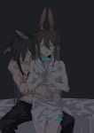  2girls amiya_(arknights) animal_ears arknights bare_arms black_hair black_pants blaze_(arknights) blue_choker blue_eyes breasts brown_hair cat_ears choker commentary dressing hands_on_another&#039;s_waist highres long_hair material_growth medium_breasts molu_stranger multiple_girls on_bed oripathy_lesion_(arknights) pants parted_lips rabbit_ears scar scar_on_arm scar_on_breasts shirt sitting sitting_on_lap sitting_on_person sleeveless sleeveless_shirt thigh_strap topless white_shirt yuri 
