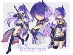  1girl acheron_(honkai:_star_rail) acryyy asymmetrical_footwear black_choker black_gloves black_shorts boots breasts chain character_name choker cleavage coat coattails commentary_request crop_top detached_sleeves full_body gloves hair_over_one_eye hand_on_own_hip highres honkai:_star_rail honkai_(series) leg_tattoo long_hair midriff multicolored_hair navel purple_eyes purple_hair scabbard sheath sheathed short_shorts shorts simple_background single_bare_shoulder sparkle stomach streaked_hair sword tattoo thigh_boots weapon white_coat 