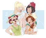  4girls ahoge beanie black_eyes black_hair blonde_hair blue_background blush bracelet brown_hair carrying closed_eyes couple dahlia_(pokemon) dress green_eyes hat heart highres holding_hands interlocked_fingers jessie_(pokemon) jewelry kiana_mai lillie_(pokemon) long_hair looking_at_another multiple_girls open_mouth pokemon pokemon_(anime) pokemon_sm ponytail red_hair scrunchie selene_(pokemon) shoes short_hair shoulder_carry side_ponytail simple_background sitting_on_shoulder smile sun_hat sunglasses yuri 