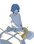  2girls ahoge blonde_hair blue_hair bocchi_the_rock! detached_ahoge drawing_on_another&#039;s_face ijichi_nijika long_hair long_sleeves mole mole_under_eye multiple_girls nininikal open_mouth puff_of_air shirt short_hair simple_background sitting sleeping under_covers white_background white_shirt yamada_ryo yellow_eyes 