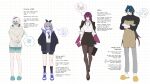  1boy 3girls absurdres apron bandaged_arm bandages black_coat black_jacket blade_(honkai:_star_rail) coat collared_shirt drill_hair drill_ponytail english_text eyewear_on_head firefly_(honkai:_star_rail) grey_hair hair_between_eyes hair_over_one_eye hand_in_pocket highres honkai:_star_rail honkai_(series) jacket kafka_(honkai:_star_rail) long_hair long_sleeves mask mouth_mask multiple_girls necktie off-shoulder_sweater off_shoulder office_lady purple_eyes purple_hair red_eyes sgrimp shirt shoes shorts silver_wolf_(honkai:_star_rail) skirt slippers sweater thighhighs two-tone_eyes white_shirt 