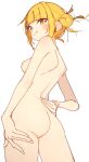  ass blonde_hair blush boku_no_hero_academia butt_crack completely_nude double_bun from_below hair_bun hand_on_own_hip highres nipples nude rasusurasu toga_himiko tongue tongue_out white_background yellow_eyes 