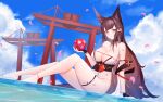  1girl amagi_(azur_lane) amagi_(wending_waters_serene_lotus)_(azur_lane) animal_ears azur_lane ball bare_shoulders bikini black_gloves blue_sky breasts brown_hair brown_sash center_opening cloud fingerless_gloves full_body gloves highres holding holding_ball kingfisher_(8642) kitsune large_breasts long_hair looking_at_viewer multiple_torii official_alternate_costume open_bikini open_clothes outdoors petals purple_eyes see-through sitting_on_water sky solo swimsuit swimsuit_tug thigh_strap torii very_long_hair water white_bikini 