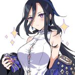  1girl absurdres bare_shoulders black_hair blush breasts clorinde_(genshin_impact) commentary_request genshin_impact highres large_breasts long_hair navel purple_eyes sakana_(fishchunk) simple_background solo upper_body very_long_hair white_background 