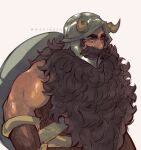  1boy bara beard biceps brown_hair dungeon_meshi dwarf facial_hair fake_horns helmet horned_helmet horns huge_eyebrows long_beard looking_ahead male_focus mooreaux muscular muscular_male senshi_(dungeon_meshi) solo thick_arm_hair thick_mustache upper_body very_long_beard wavy_hair wok 