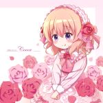  1girl :q blush bow brown_hair character_name closed_mouth commentary_request dated dress flower gochuumon_wa_usagi_desu_ka? goth_risuto hair_between_eyes hoto_cocoa lolita_fashion long_sleeves looking_at_viewer pink_background pink_bow pink_dress pink_flower pink_rose puffy_long_sleeves puffy_sleeves purple_eyes red_flower red_rose rose smile solo tongue tongue_out twitter_username two-tone_background white_background 