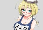  1girl blonde_hair blue_eyes blue_one-piece_swimsuit breasts cleavage glasses grey_background hair_ribbon hat i-8_(kancolle) kantai_collection large_breasts long_hair looking_at_viewer name_tag one-piece_swimsuit red-framed_eyewear ribbon saburou_03 school_swimsuit semi-rimless_eyewear simple_background solo swimsuit under-rim_eyewear white_hat 