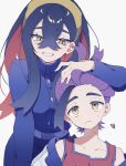  1boy 1girl black_hair blush brother_and_sister carmine_(pokemon) closed_mouth crossed_bangs grey_background grin hair_between_eyes hand_on_another&#039;s_head highres jacket kieran_(pokemon) long_hair long_sleeves mole mole_on_neck mole_under_eye multicolored_hair nmnmnmk_p pokemon pokemon_sv purple_hair red_hair red_tank_top siblings simple_background smile squiggle sweat tank_top 