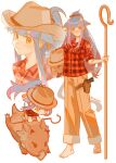  1girl animal animal_ears araiyme arknights artist_name barefoot blush boar brown_hat brown_pants cat_ears cat_girl cat_tail commentary cowboy_hat english_commentary gun handgun hat highres holding holding_animal holster jessica_(arknights) long_hair looking_at_viewer multiple_views pants plaid plaid_shirt ponytail red_shirt riding_boar shepherd&#039;s_crook sheriff_badge shirt simple_background sleeves_rolled_up smile tail weapon white_background yellow_eyes 