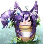  1girl animal_ear_fluff animal_ears artist_name awful_queen_(vtuber) bug butterfly chibi dokimasy flower_pot fox_ears fox_girl fox_tail grass heterochromia highres indie_virtual_youtuber looking_at_viewer mole mole_under_eye monster_girl purple_hair purple_tail tail 