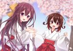  2girls alternate_costume bangs blush cherry_blossoms commentary_request commission day hair_between_eyes hakama japanese_clothes kamikaze_(kancolle) kantai_collection long_hair long_sleeves looking_at_viewer miko multiple_girls mutsuki_(kancolle) nagasioo open_mouth outdoors petals purple_eyes purple_hair red_eyes red_hair red_hakama short_hair skeb_commission wide_sleeves 