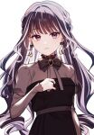  1girl black_dress black_hair bow bowtie brown_bow brown_bowtie brown_eyes closed_mouth dress earrings highres jewelry long_hair long_sleeves multicolored_hair original pochimaru_(marumaru_wanwan) solo white_hair 