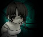  1girl arms_behind_back brown_eyes brown_hair camisole expressionless hair_ornament highres iwakura_lain leaning_forward looking_at_viewer multiple_views serial_experiments_lain short_hair white_camisole wire x_hair_ornament zoolpal 