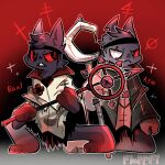 anthro aym_(cult_of_the_lamb) baal_(cult_of_the_lamb) clothed clothing cult_of_the_lamb domestic_cat duo felid feline felis flufffo fluffy hi_res holding_object holding_weapon male mammal massive_monster_(studio) prick_ears red_eyes red_sc scar signature simple_background staff symbol weapon